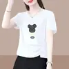 Camiseta de Manga Corta Estilo Nuevo Comercio Exterior 2026 para Mujer, Holgada Talla Grande, Adelgazante, Cubre Vientre, Top Estampado de Media Manga