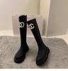 Botas Largas de Caña Alta con Suela Gruesa Inspiradas en Chanel de Estilo Nuevo de Principios de Otoño 2025 para Mujeres Petite, Botas de Montar Hasta la Rodilla que Aumentan la Altura y Estilizan