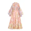 Vestido de gasa de manga larga con bloques de color y pequeño diseño floral 10309