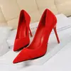 825-3 Moda Coreana Elegantes Simples Tacones de Aguja Gamuza Boca Baja Punta Fina Tacones Altos Zapatos de Mujer Sexy Delgados