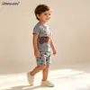 Ropa infantil de comercio exterior: Conjunto de manga corta con estampado de motocicleta para niños, conjunto de dos piezas de shorts grises de algodón para niños, en stock para verano