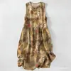 Vestido Casual de Algodão Puro com Estampa Digital Nova, Gola Redonda, Sem Mangas, Comprimento Médio, Para Mulheres, Verão na Praia
