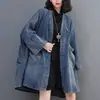 Toma real en stock vintage cuello en V con bolsillos abrigo de mezclilla para mujer otoño nuevo versión grande holgada gabardina larga algodón