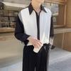 Camisa de manga larga holgada estilo coreano con combinación de colores para hombre, con costuras modernas y contraste de colores, informal, sin planchado.