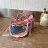 Bolso de Mano de Encaje Dulce y Fresco Coreano 2025 Moda Retro Bolso de Mano a Cuadros de Contraste Rojo y Azul