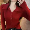 Estilo Novo Primavera e Outono Estilo Pequeno Chanel Tricô de Manga Longa Camada Base Slim Fit Gola Lapela Top Estilo Coreano Gola Tricô Feminino