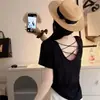 Camiseta Listrada de Manga Curta Estilo Coreano para Mulheres, Coleção de Verão, Gola Redonda, Solta, Casual, Moderna, Reversível, Vazada, Costas Abertas, Top Leve