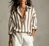 Camisa de Chifón para Mujer de Manga Larga a Rayas Retro Nueva de Primavera y Verano Transfronteriza Europea y Americana Estilo Holgado de Vacaciones Camisa de Playa