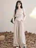 Traje Elegante de Manga Larga Irregular 2025 Nuevo Top Casual Pantalones de Pierna Ancha Conjunto de Dos Piezas