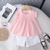 Conjunto Fashion Sem Manga para Menina 2025 Verão Novo Estilo Roupa de Verão Cor Lisa Simples para Menininha Roupas de Verão para Crianças