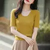 Camiseta de Tricô de Manga Curta com Gola U de Verão para Mulheres, Estilo Coreano Slim Fit, Camada Base Fina, Manga Três Quartos, Top Versátil Emagrecedor de Meia-Manga