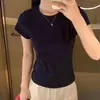 Camiseta base simple de algodón puro de 40 hilos para el día a día, camiseta de manga corta con hombro normal para mujer, top rosa de verano ajustado con cuello redondo