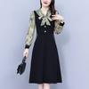 Vestido Francés de Manga Larga Estilo Occidental 2024 Otoño Tallas Grandes mm Lazo Empalme con Cordones Delgado Dama Falda Talla Grande