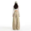 Jeans de Pierna Ancha Casuales Color Caqui Estilo Coreano con Parches para Mujer, Ajuste Holgado, Adelgazantes, Favorecedores, Pantalones Rectos Versátiles.