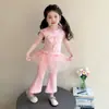 Conjunto de Verano para Niña 2026 Nuevo Lindo Dulce Camiseta de Manga Corta con Lazo y Pantalones Acampanados para Niños Conjunto de Dos Piezas