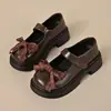 Sapatos Mary Jane estilo britânico com laço japonês, bico redondo, sola grossa, com fecho de velcro, sapatos pequenos de couro femininos, novo modelo outono 2026