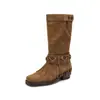 Botas Western de Cowboy Apiladas Selma para Mujer 2026 Nuevas Marrones con Tachuelas Retro Tacón Grueso Media Pantorrilla Botas de Moda