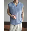 Verão 2026 Novo Masculino Estilo Old Money Malha Vazada Gola V Sem Mangas Camiseta Modelagem Solta Regata Camiseta de Manga Curta