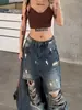 Calça Jeans Scimitar Bonita com Estampa de Letras Rasgada Fluida Verão Casal Unissex Solta Emagrecedora Versátil Perna Reta Banana