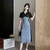 Vestido Casual de Moda Verano 2024 Mezcla de Tela Vaquera Nuevo Estilo de Verano Elegante Adelgazante de Longitud Media Calificación Transfronteriza