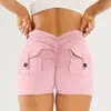 Shorts de Yoga con Bolsillos Estilo Ropa de Trabajo para Mujer, Cintura Alta en V, Levanta Glúteos, Secado Rápido, Elásticos para Fitness Running, Efecto Glúteo de Melocotón
