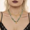 Collar de doble capa superpuesta con colgante de concha de cola de pez de piedra natural de fresa verde azúcar, cadena cuadrada de serpiente, colgante ovalado de aguamarina