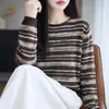 Suéter de Punto Rayado Retro Cuello Redondo para Mujer Manga Larga Holgado Elegante Versátil Capa Interior Capa Base Suéter Top Adelgazante