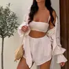 Conjunto de pijama de algodão crepe de camada dupla estampado europeu e americano, macio e confortável, com camisola de manga comprida e shorts, para usar em casa