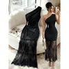 Vestido de Verão Feminino 2026 Cross-Border AliExpress com Renda Patchwork de Um Ombro e Cintura Marcada Plissada Sem Mangas
