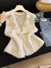 Nuevo Estilo Chaleco de Punto Holgado con Parches de Encaje y Lazo para Mujer, Chaleco de Encaje con Dobladillo Estilo Perezoso para Mujer 9719