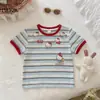 Camiseta de Manga Corta para Bebé Niña Ningli Verano 2026 Nuevo Estilo Top de Rayas con Gatito de Moda para Niñas