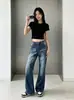 Calça jeans flare de cintura baixa com lavagem retrô, nova coleção de outono, jeans versátil de corte slim estilo americano com textura de bigode de gato e acabamento desbotado, calça casual