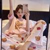 Pijama de Verano a Cuadros con Oso de Dibujos Animados para Mujer 2025, Manga Corta y Pantalón Largo, Lindo Conjunto de Ropa de Casa Holgada de Tallas Grandes para Primavera y Otoño