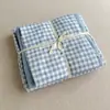 Conjunto de quatro peças xadrez listrado estilo japonês minimalista em algodão lavado, capa de edredom lisa cor macaron, conjunto de três peças de lençol, adequado para todas as estações
