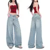 Jeans de Pierna Ancha Sueltos de Tencel Lyocell, Seda de Hielo, Color Azul Cielo para Mujer, Frescos, con Caída, Transpirables, Amigables con la Piel y Cómodos