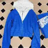 Moda Europea Elegante Sudadera Azul con Capucha Traje para Mujer Otoño e Invierno Encaje Empalmado Cremallera Chaqueta Ajustada Conjunto de Dos Piezas