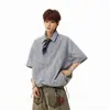 Camisa de manga corta plisada a cuadros azules estilo Miu para hombre y mujer, chaqueta T-shirt casual holgada de moda ciudad para primavera/verano