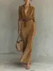 Vestido Chemise Retrô de Veludo Cotelê Lapela Manga Longa Decote V Cruzado com Botão de Fórmula Cinto Faixa na Cintura Apertada Vestido Feminino