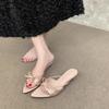 Novedad Verano 2025 Talla Grande Malla con Pedrería Punta Aguda Boca de Pez Tacones Altos Tacones de Aguja Sandalias Sexy de Una Sola Tira y Medias Pantuflas