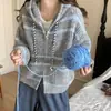 Elegante abrigo tipo suéter con capucha y cremallera de longitud media, a rayas, de corte holgado, estilo coreano, para mujer, perfecto para otoño e invierno, con un ambiente casual y relajado