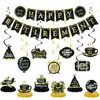 Banner temático de jubilación con sombrero negro y dorado transfronterizo, juego de espirales de panal, accesorios de decoración de lugar, suministros de decoración para fiestas