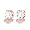 Brincos de pérola de trevo de quatro folhas banhados a prata de estilo coreano Brincos de pérolas redondas incrustadas de diamantes femininos Jóias de orelha de pérola de ouro rosa