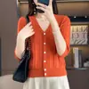 Nuevo estilo de verano cárdigan de punto de algodón puro con rayas verticales, mangas tres cuartos, chaqueta de color liso con cuello en V estilo coreano, top hueco de color liso para mujer