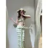 Vestido Longo de Tricô Verde Menta para Praia, Conjunto Slim de Três Peças com Top Tomara-que-Caia, Estilo Sexy Puro Desejo, Adequado para Piscinas Termais de Ilha, Biquíni para Mulheres