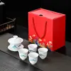 Porcelana Blanca de Dehua 1 Tapa de Tazón 4 Tazas Juego de Té Kung Fu Taza de Té de Cerámica para el Hogar Tapa de Tazón Set en Caja de Regalo Regalo Festivo
