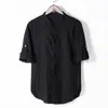 Camisa masculina de algodão e linho, cor sólida, tamanho plus size, estilo chinês, casual, manga longa, gola alta, veste Zhongshan, camisa com fecho de botão retro japonês