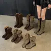 Versión en Stock Botas Vaqueras Botas de Cuero Apiladas para Mujer 2026 Invierno Nuevo Estilo Hebilla Punta Redonda Tacón Bajo Botas Largas de Jinete