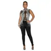 C6931 Moda Europea y Americana Transfronteriza Aliexpress Amazon Mono de Pantalón Largo sin Mangas de Malla con Pedrería de Color Sólido para Mujer