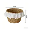 Cesta de Armazenamento de Palha Estilo Minimalista Retrô Francês Cesta de Armazenamento de Mesa Acabamento em Renda Cesta para Cosméticos e Diversos