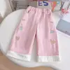 Calças Casuais de Verão para Meninas, Moda Bebê Infantil Estilosa Estilo Coreano Cor Color-Block Fresca Bordadas Doces Calças de Perna Larga